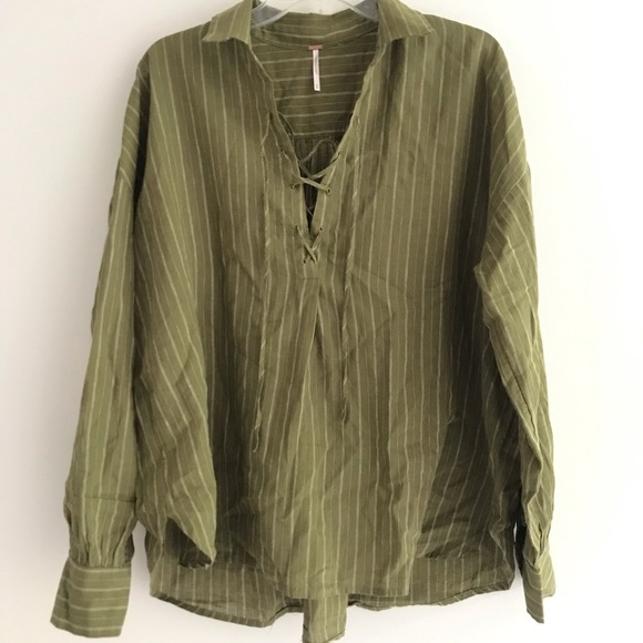 Free People | Boardwalk Lace Popover Linen Top Womens M Green Long Sleeves - Picture 1 of 11